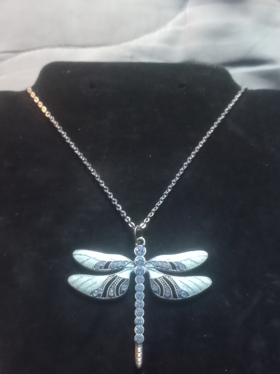 Hand Crafted Jewelry - Hand Crafted Silver Dragonfly Necklace with Light Blue Accents